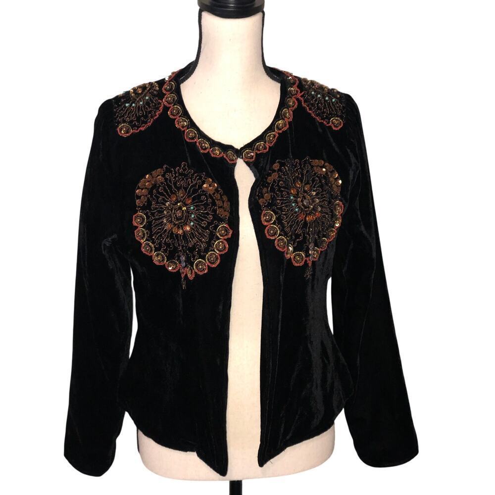 Velvet Jacket Black Beaded Size M Goth Boho Indie Y2K Whimsigoth Fairy Vintage